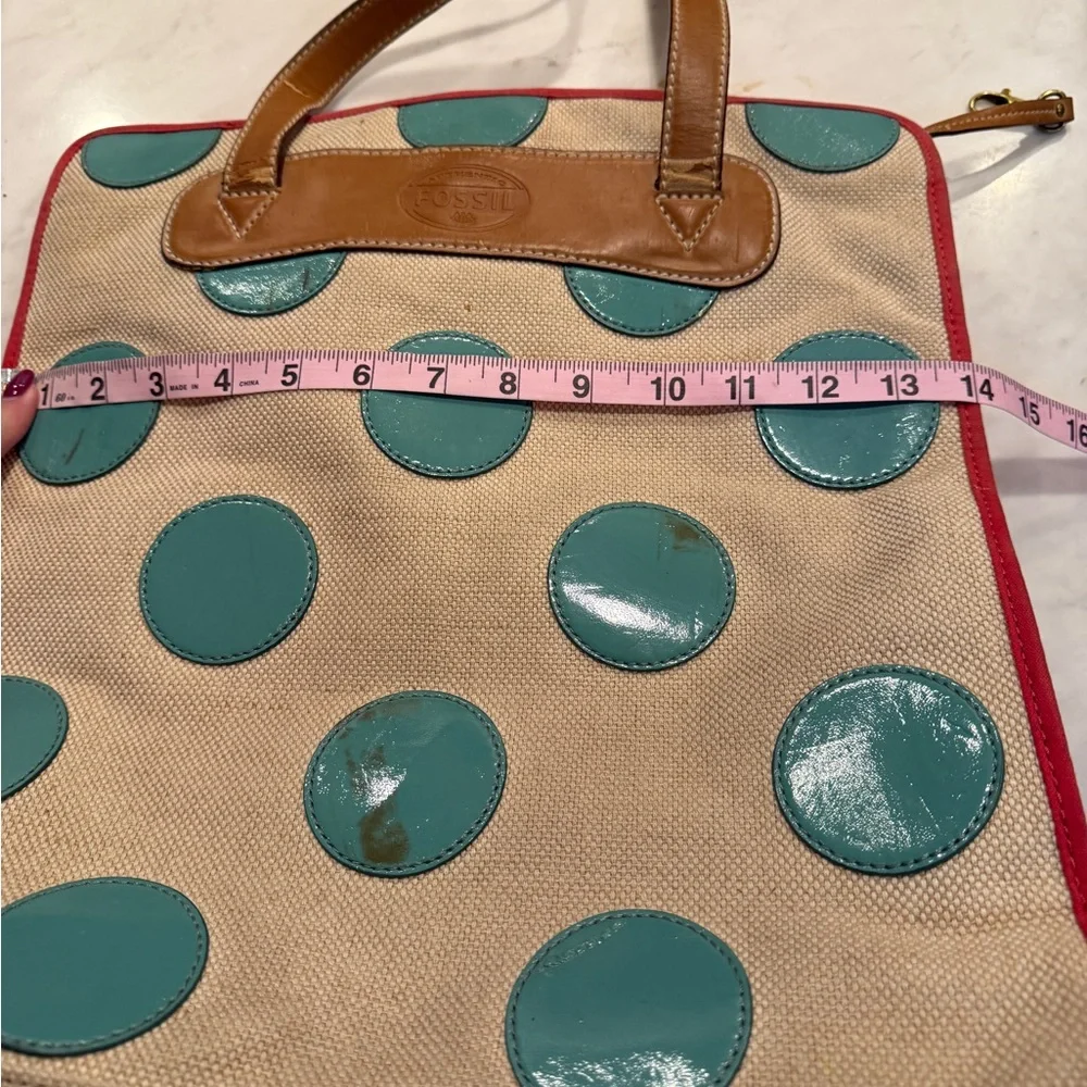 Fossil Y2K Canvas & Leather Teal Polka Dot Tote Bag